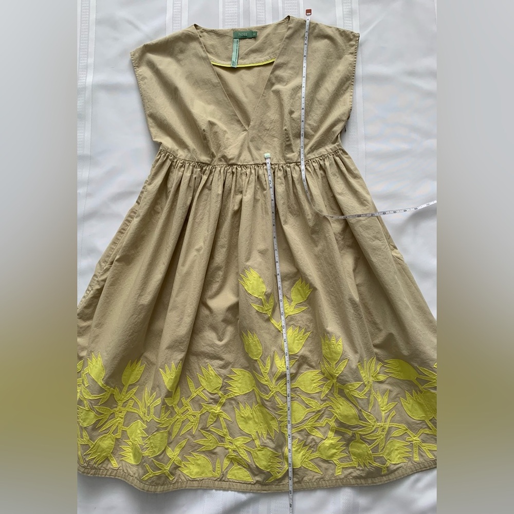 Hoss Intropia Beige Cotton Midi Dress Neon Yellow Floral Embroidery Size 40 - Picture 5 of 6